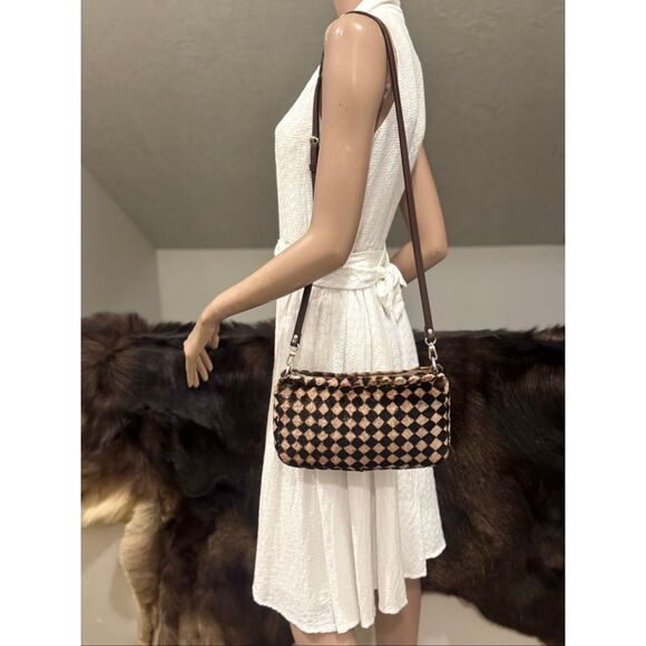 Checkerboard Real Shearling Leather Handmade Double Zip Boston Bag/Crossbody - Picture 9 of 14
